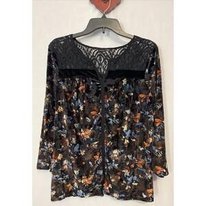RXB Womens Large Black Floral Vneck 3/4-Sleeved Soft Velour Flowy Blouse! A6054